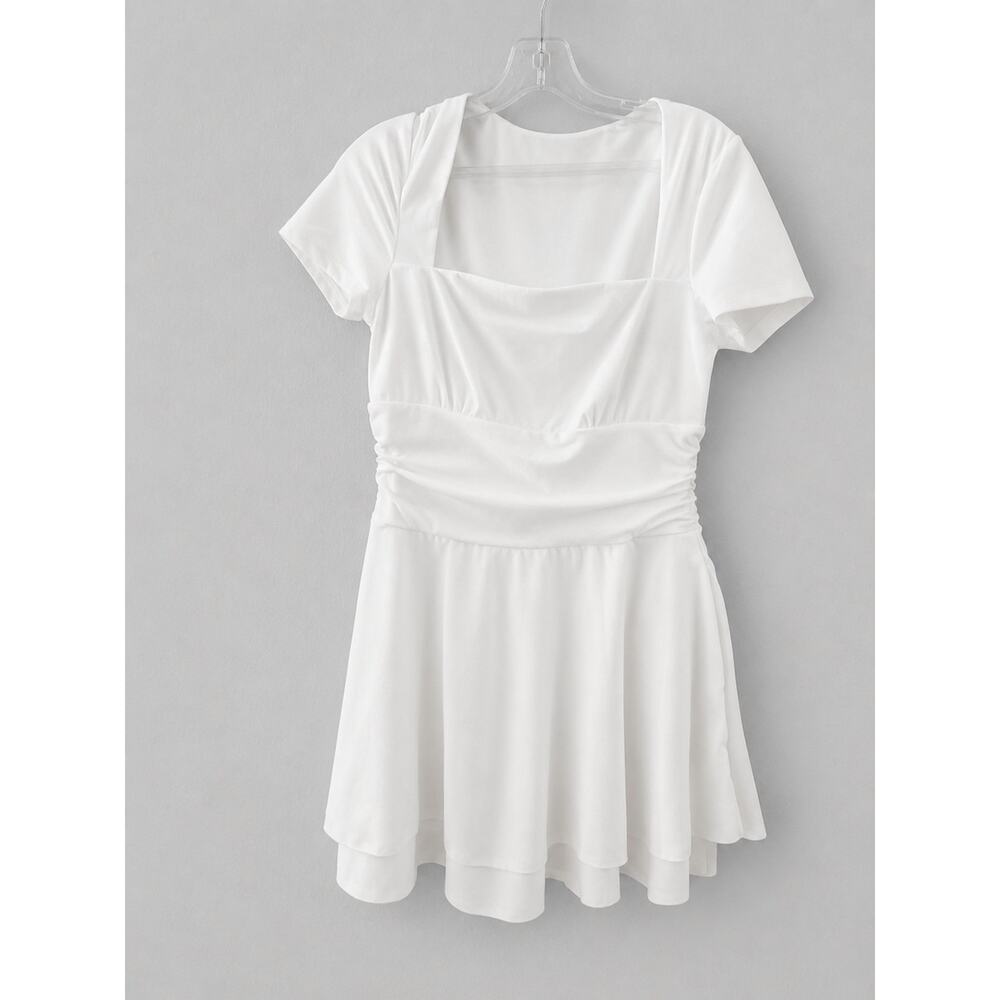 White Square-Neck Short Dress Minimalist Capsule Preppy - Picture 3 of 9